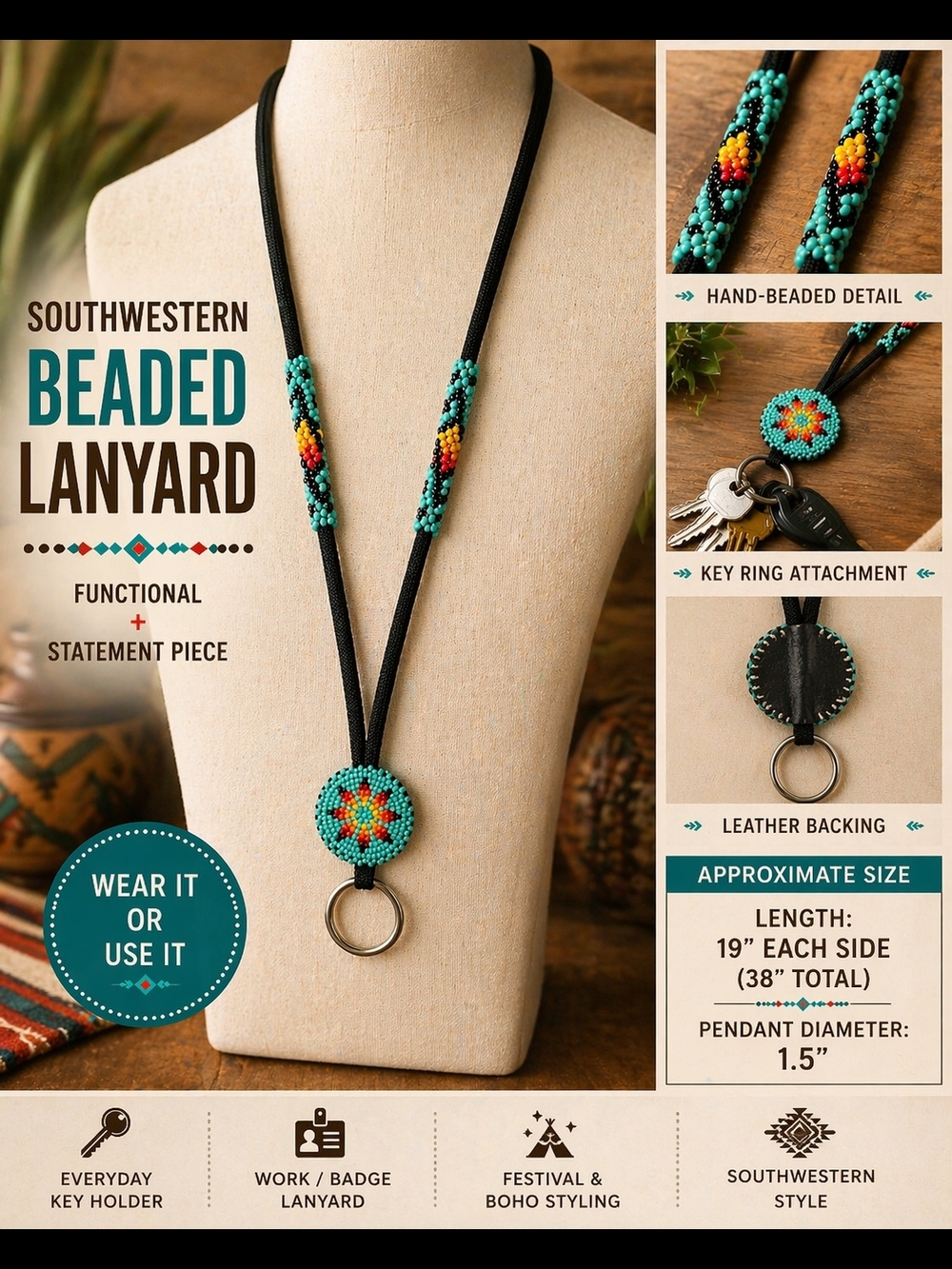 Hand Beaded Southwestern Lanyard Turquoise Key Ring Necklace Western Boho 38"